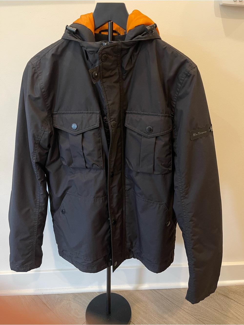 Ben Sherman Men's Black Hooded Field Jacket with Orange Lining Size XS